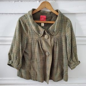 Lux green plaid cropped cape-like midi-sleeved mod jacket peter pan collar